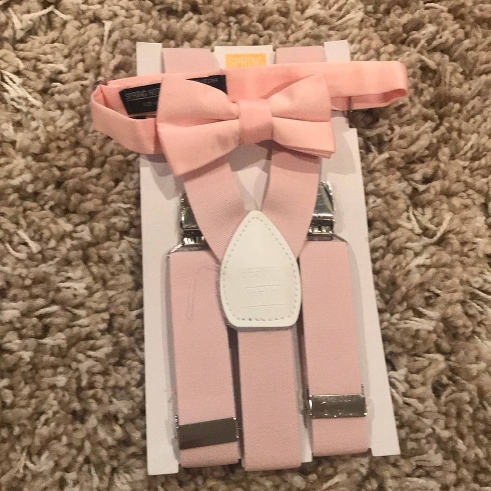 Blush bow tie and suspenders